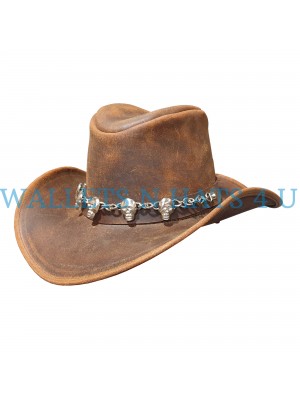 Silver Skull Band Cowboy Leather Hat