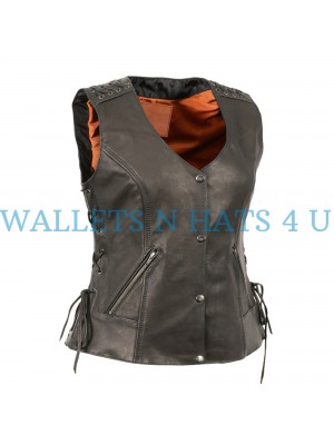 Women's Laced Snap Front Bikers Leather Vest