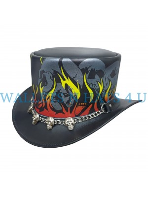 Burnin Hell Skull Leather Top Hat
