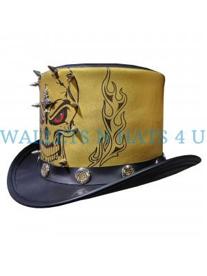 Gothic Malevolent Mens Black Leather Top Hat Gold Edition
