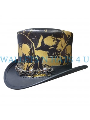 Seven Skulls Mens Black Leather Top Hat